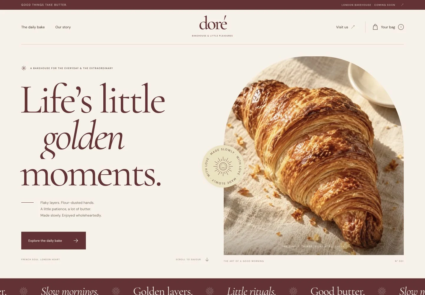 Doré Bakehouse desktop website showing its wordmark, navigation, editorial introduction and croissant imagery