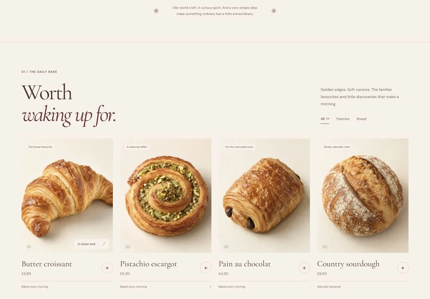 Doré Bakehouse’s daily bake catalogue with category filters, product details and add-to-bag controls