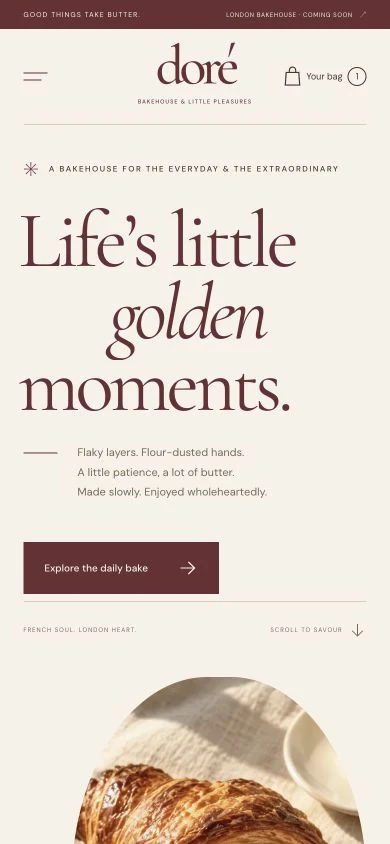 Doré Bakehouse homepage on a mobile screen