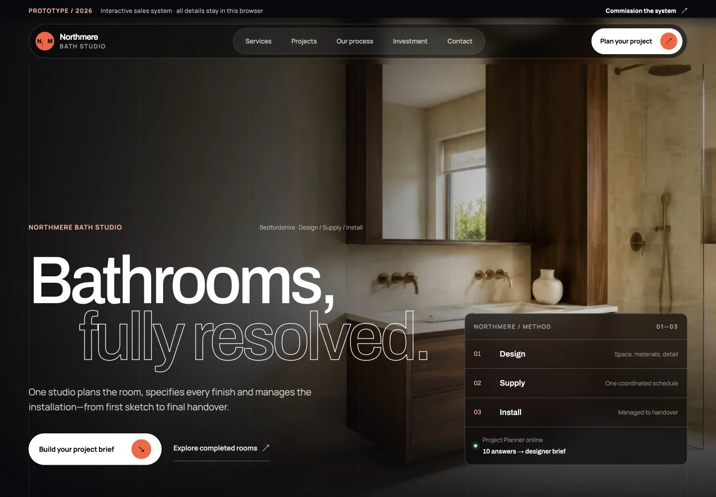 Northmere Bath Studio desktop website showing its navigation, bathroom design introduction and consultation link