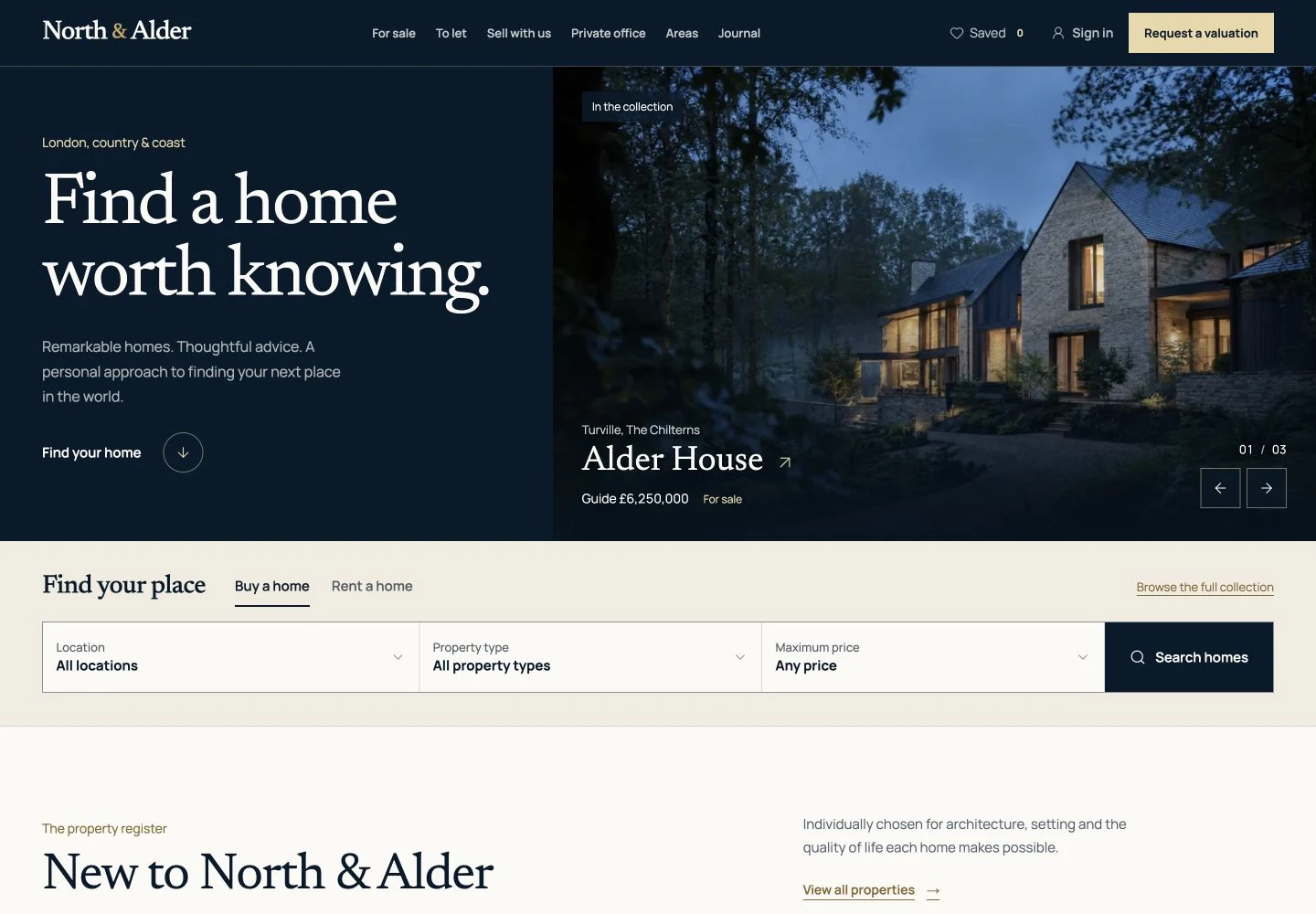 North & Alder desktop website showing the agency navigation, property introduction and search journey