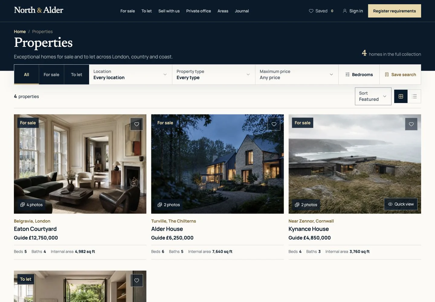 North & Alder’s property collection with example homes and search controls
