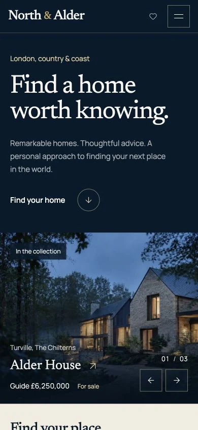 North & Alder homepage on a mobile screen