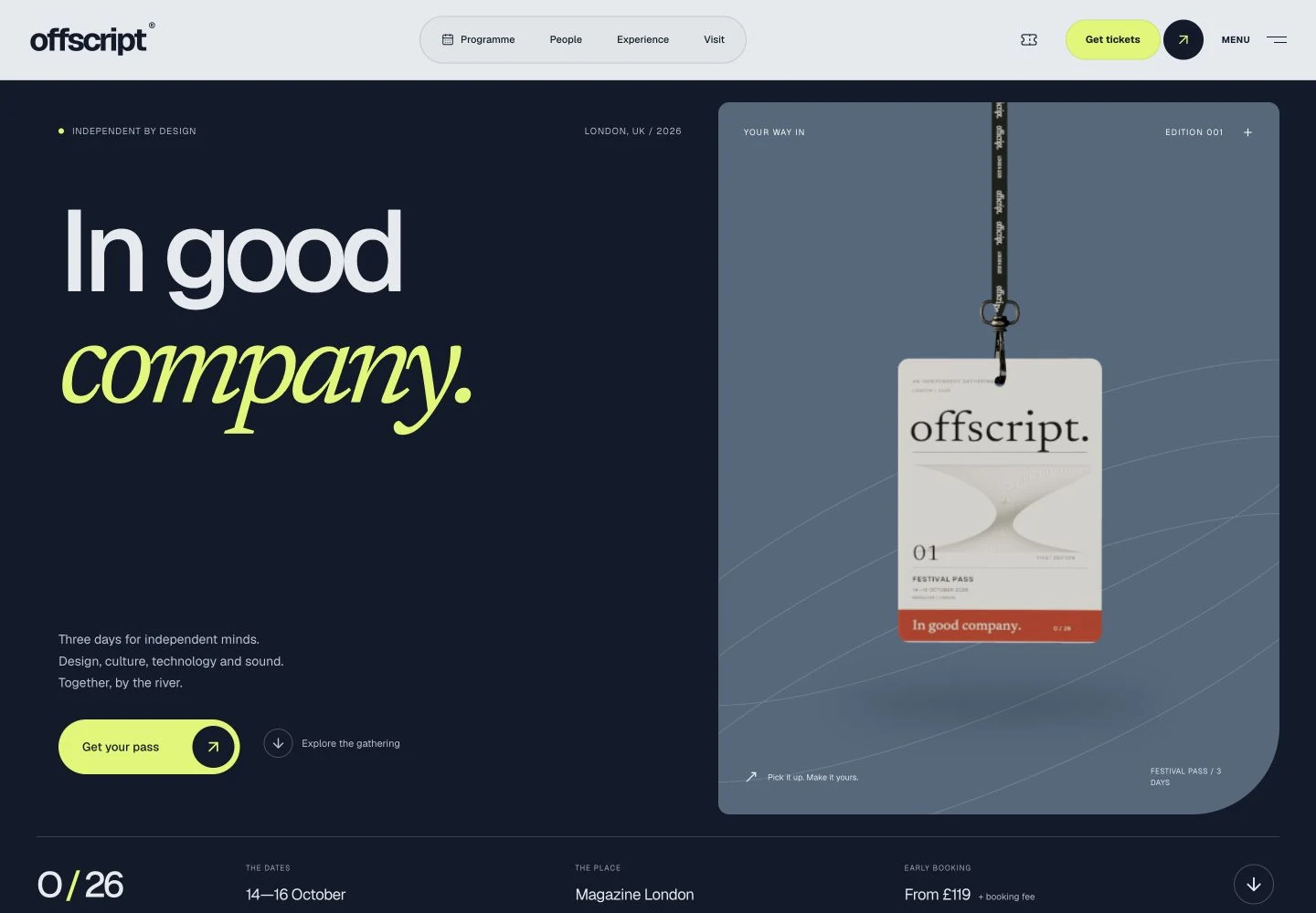 Offscript desktop festival website showing its navigation, editorial introduction and interactive event pass