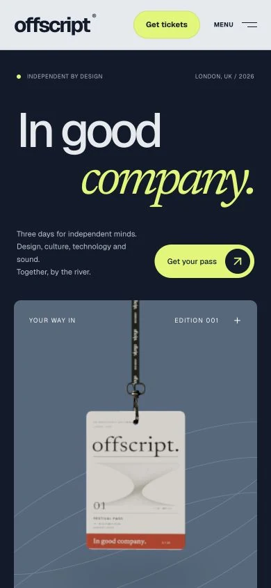 Offscript festival homepage on a mobile screen