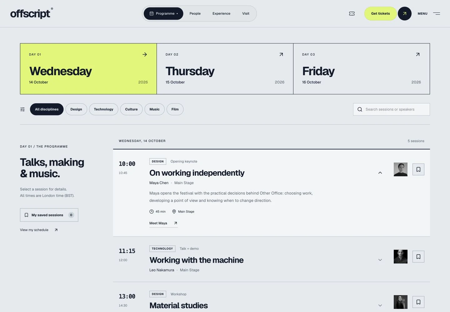 Offscript’s festival programme with day and discipline filters, session details and saved-schedule controls