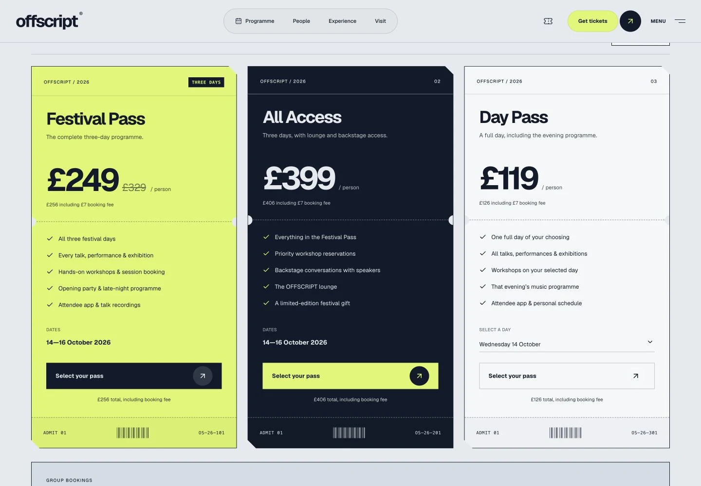 Offscript’s ticket selection page with example pass tiers and pricing