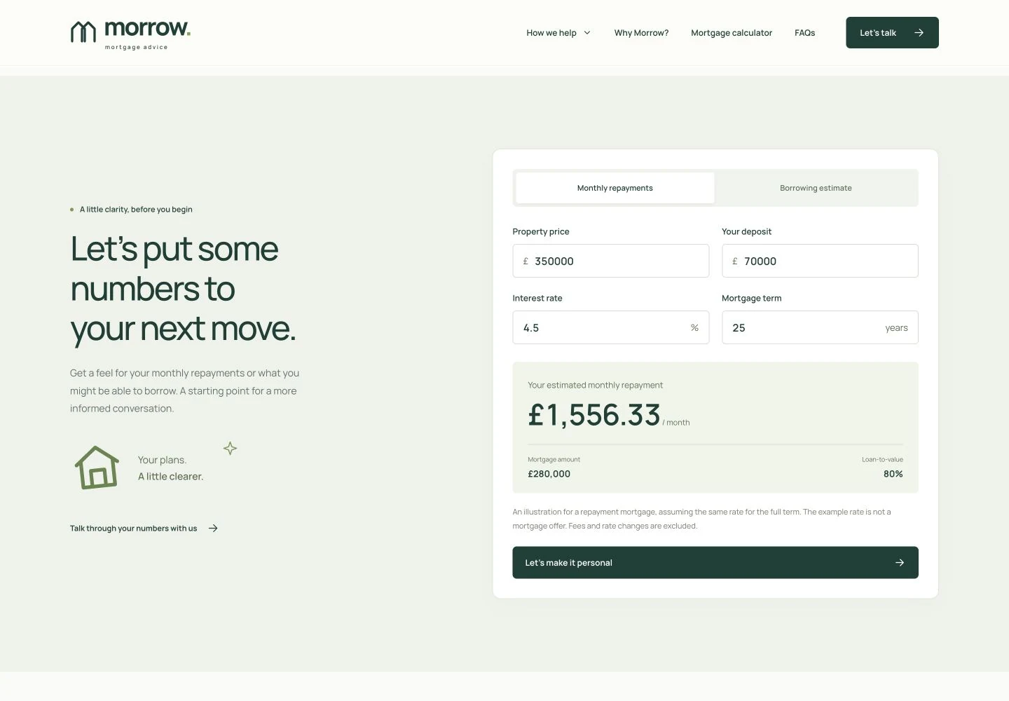 Morrow’s mortgage repayment calculator with example values and an illustrative monthly repayment