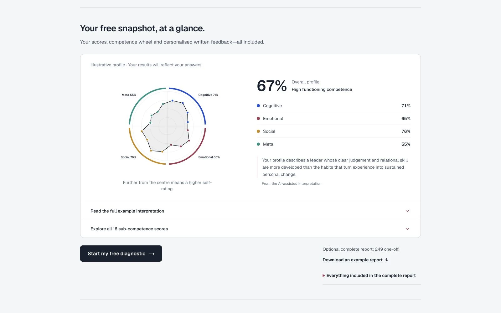 The Invictus Leadership website’s illustrative diagnostic profile with a competence wheel and example scores