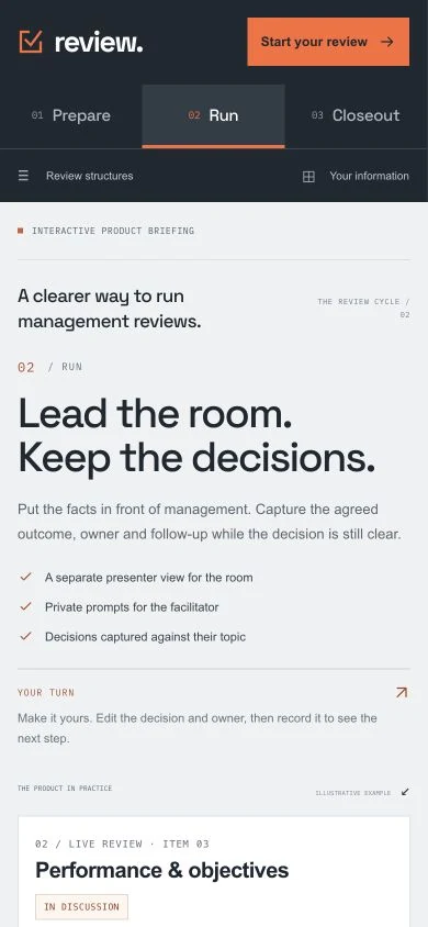 Management Review Facilitator shown on a mobile screen