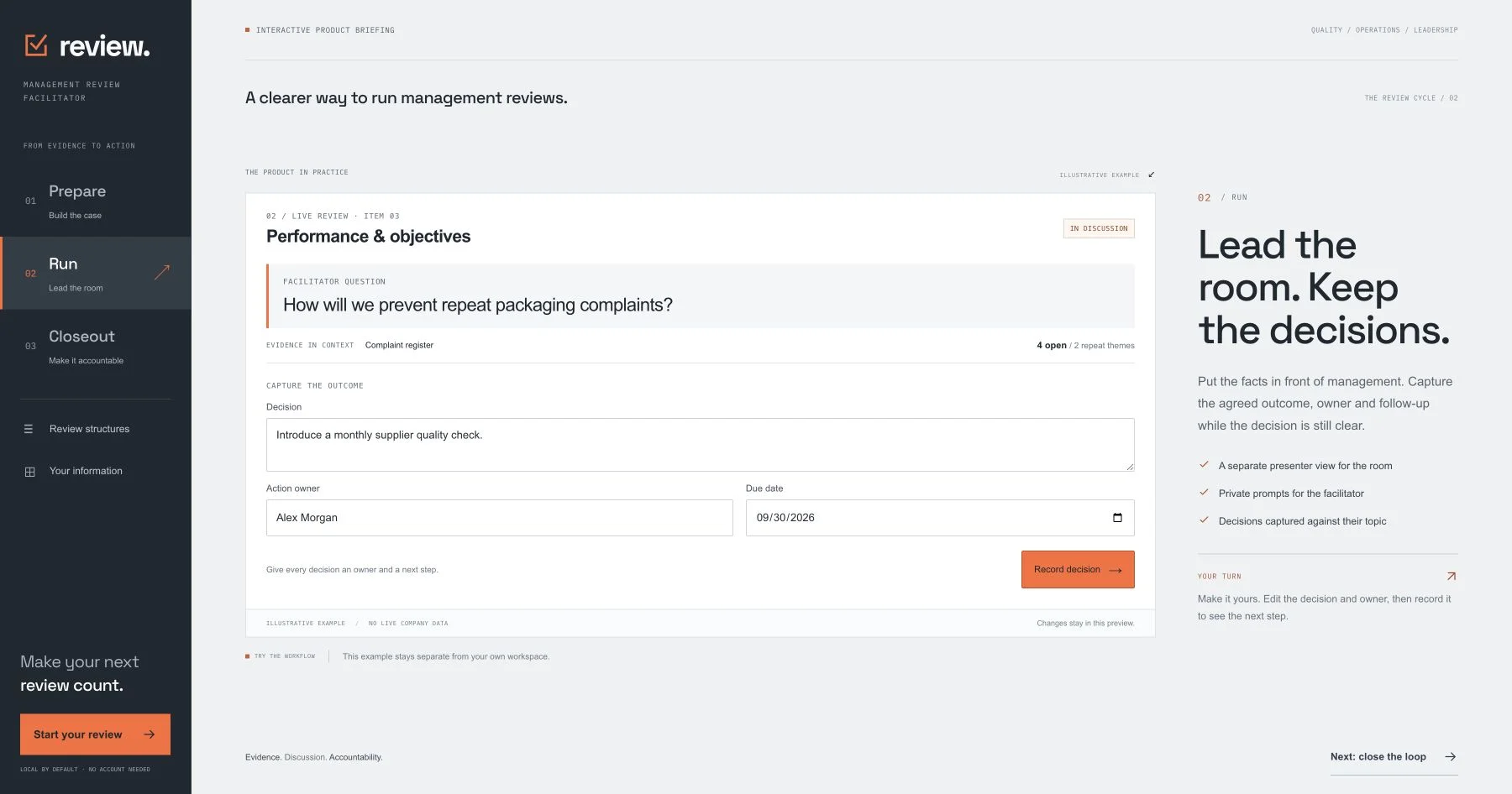 Management Review’s interactive product briefing showing an illustrative decision, action owner and due date