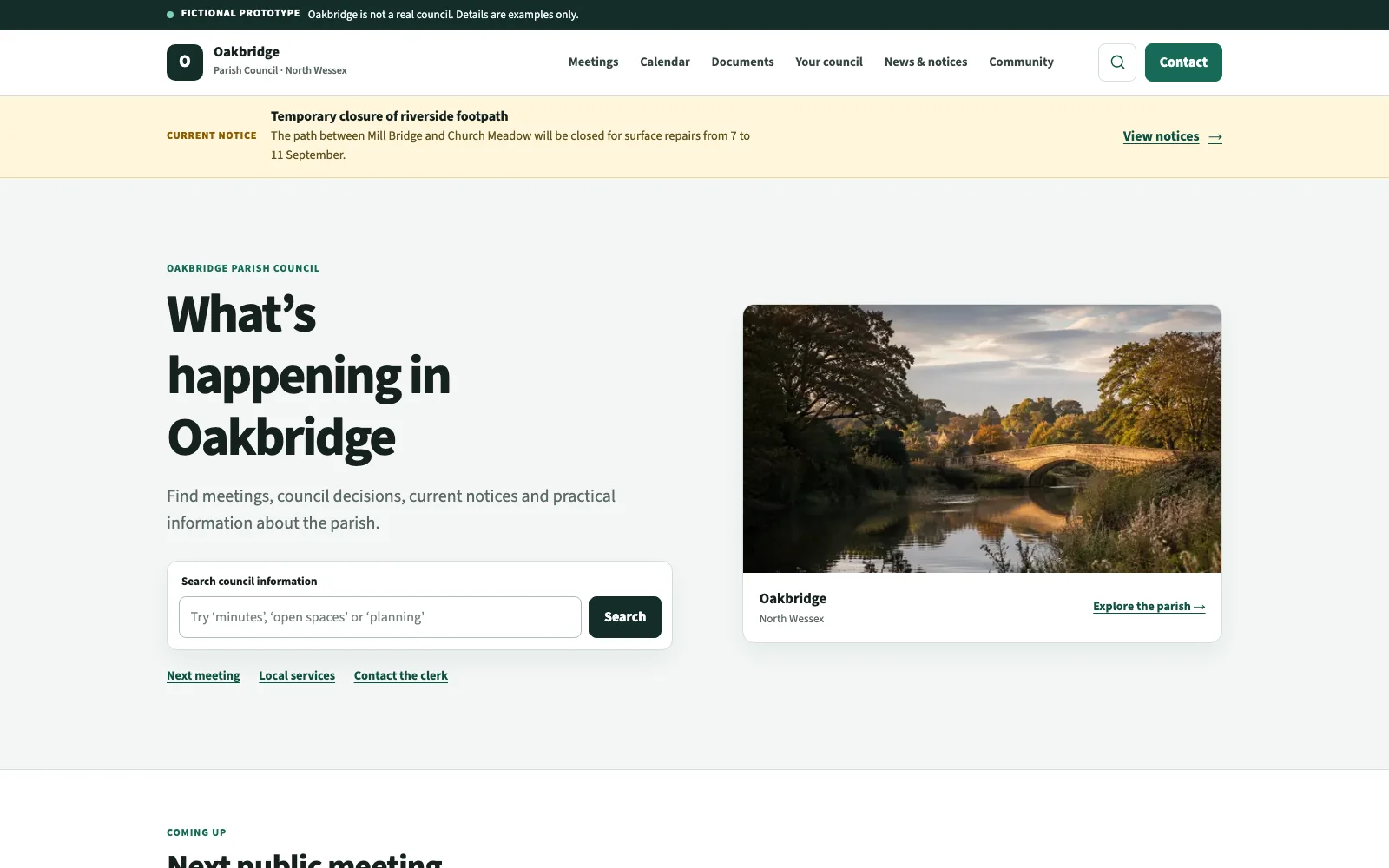 The fictional Oakbridge Parish Council website demonstration