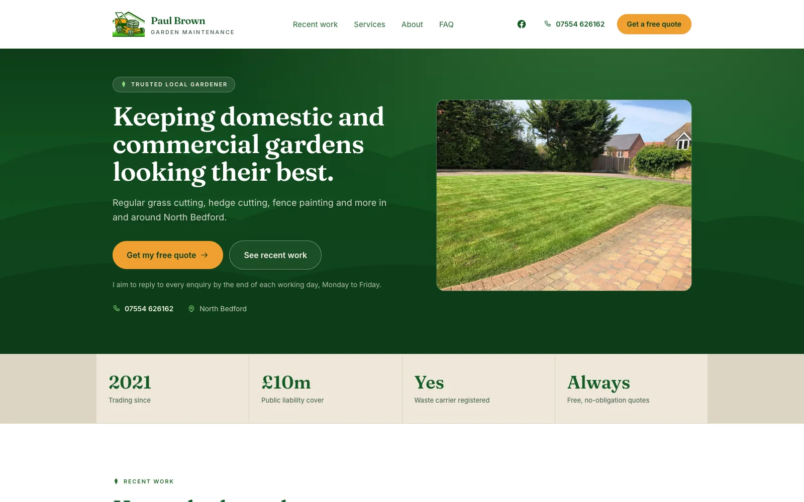 The Paul Brown Garden Maintenance website showing its garden-care offer and quote actions