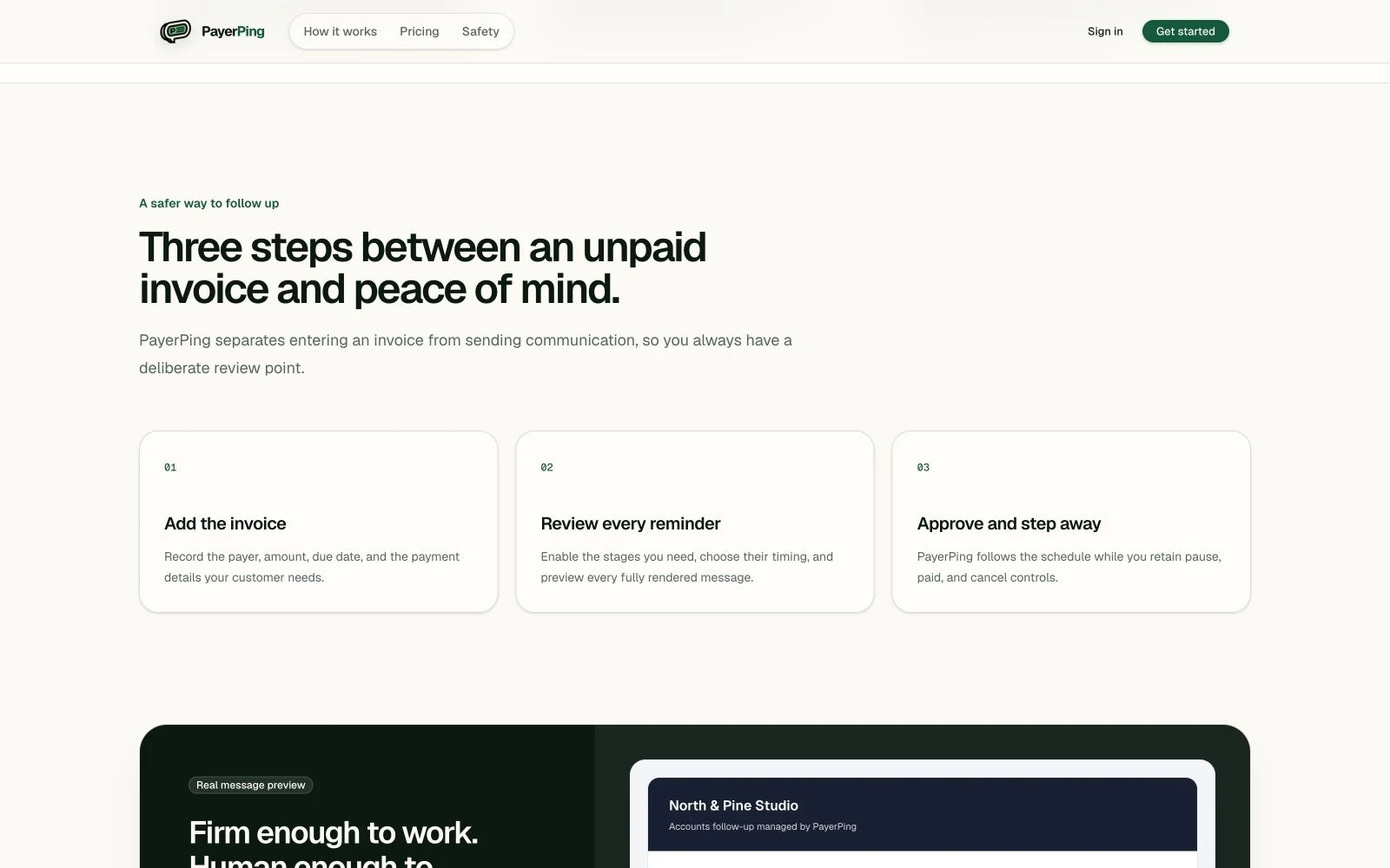 The PayerPing website explaining how to add an invoice, review a reminder plan and approve messages