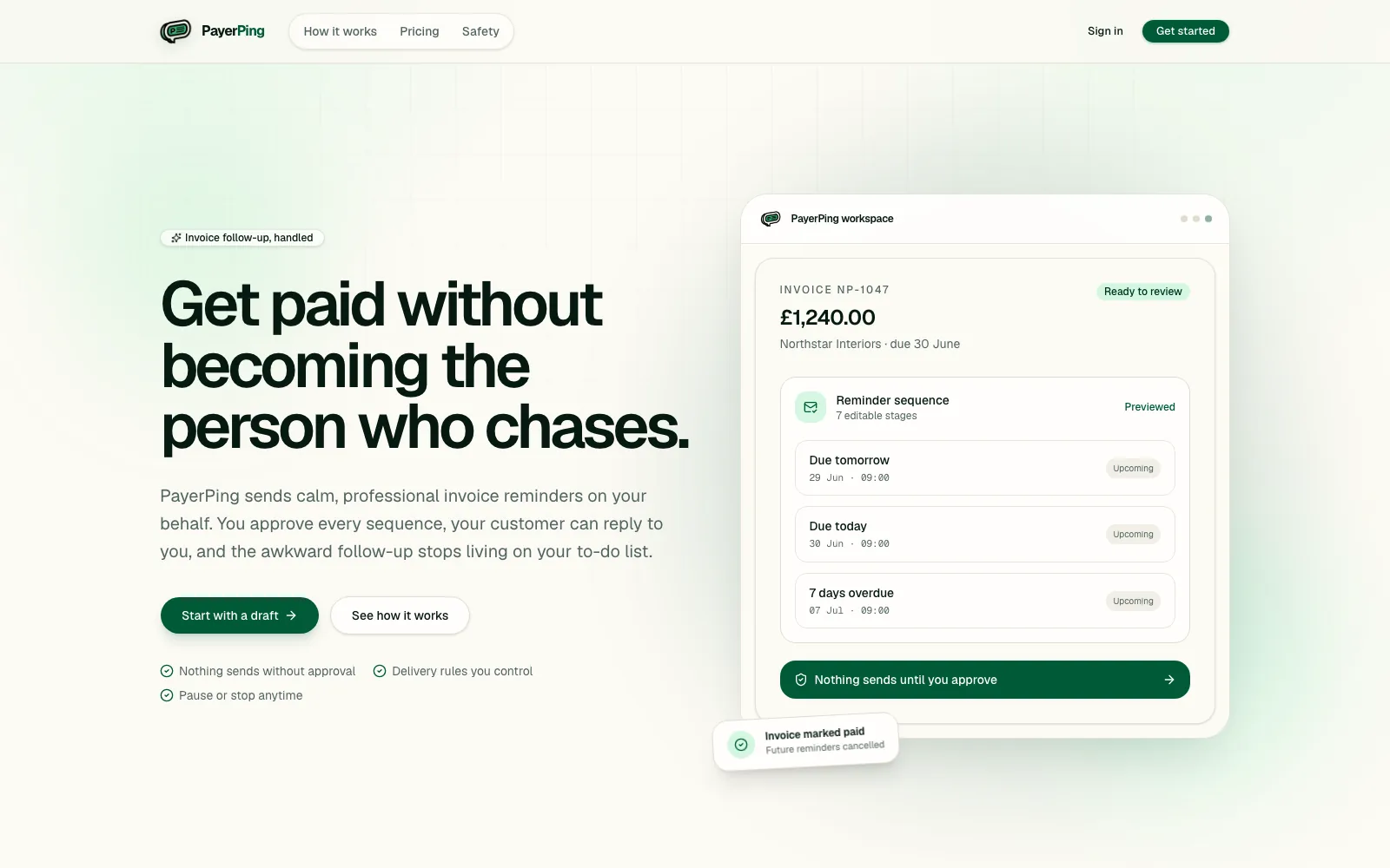 The PayerPing invoice-chasing product page shown in a desktop browser