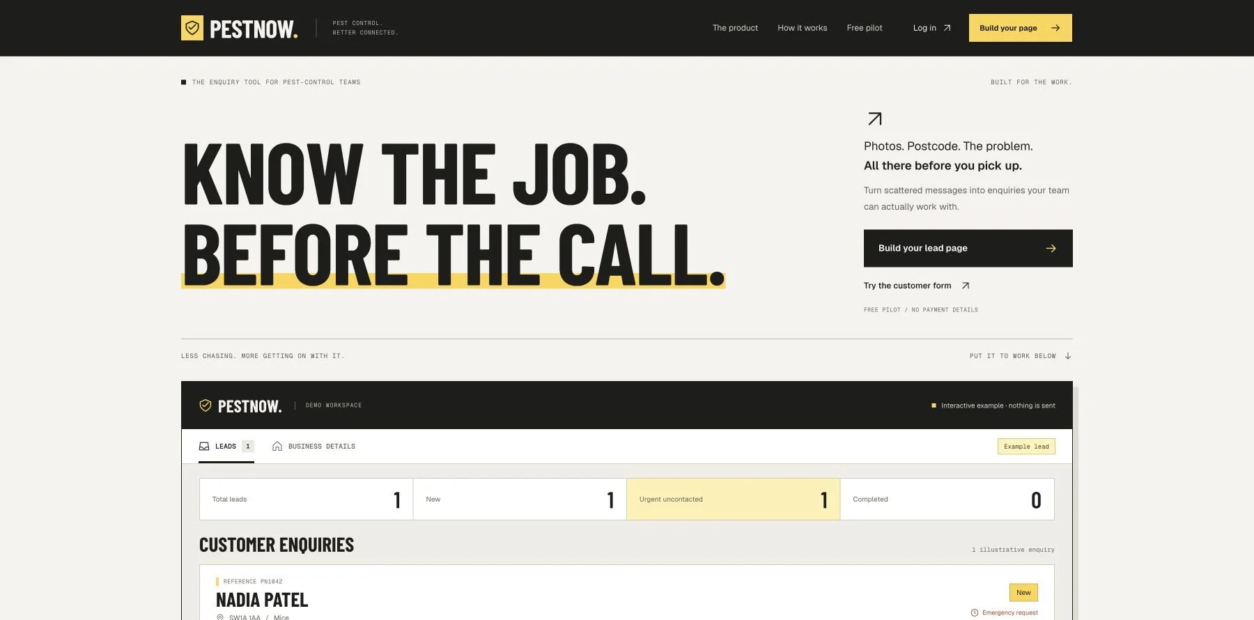 The PestNow product website with its Know the job before the call introduction and example enquiry dashboard