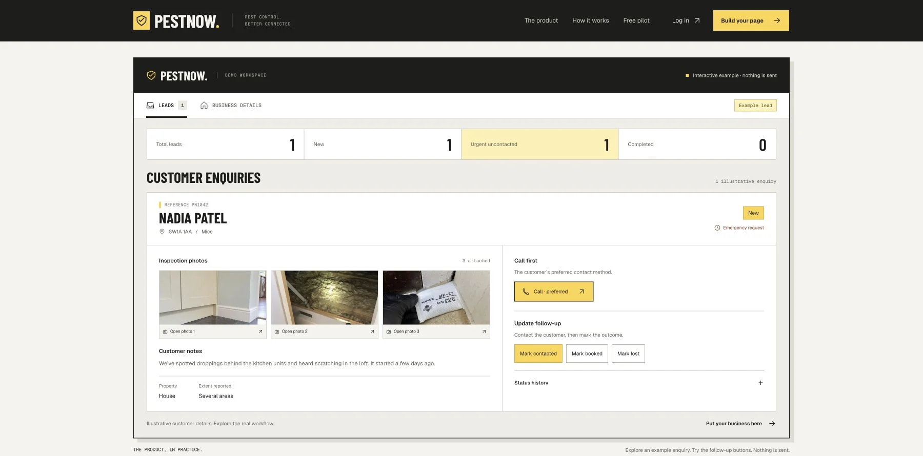 PestNow’s illustrative operator workspace showing sample enquiry details, inspection photos and follow-up controls