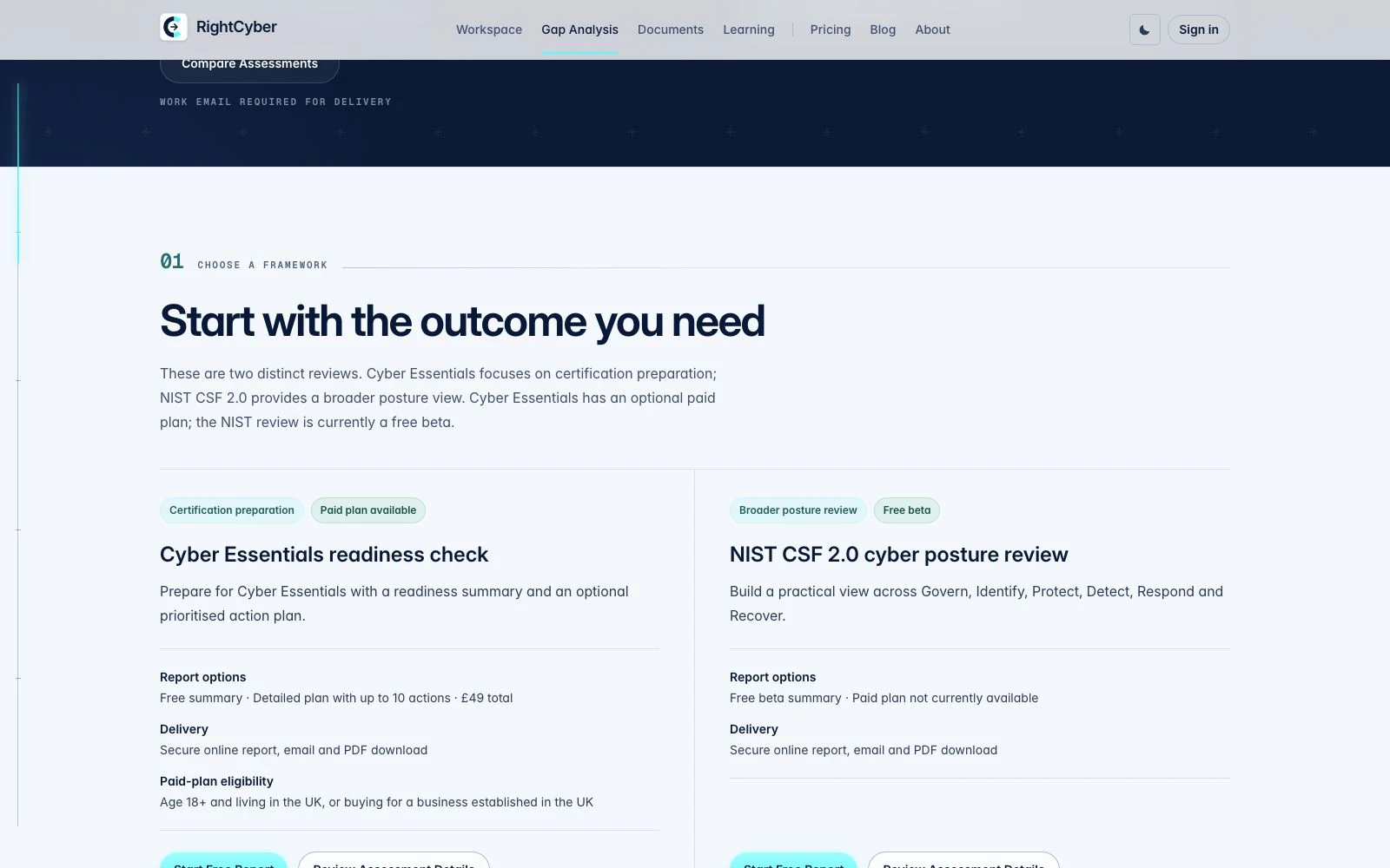 The RightCyber Analysis website comparing its Cyber Essentials readiness check and NIST CSF 2.0 review