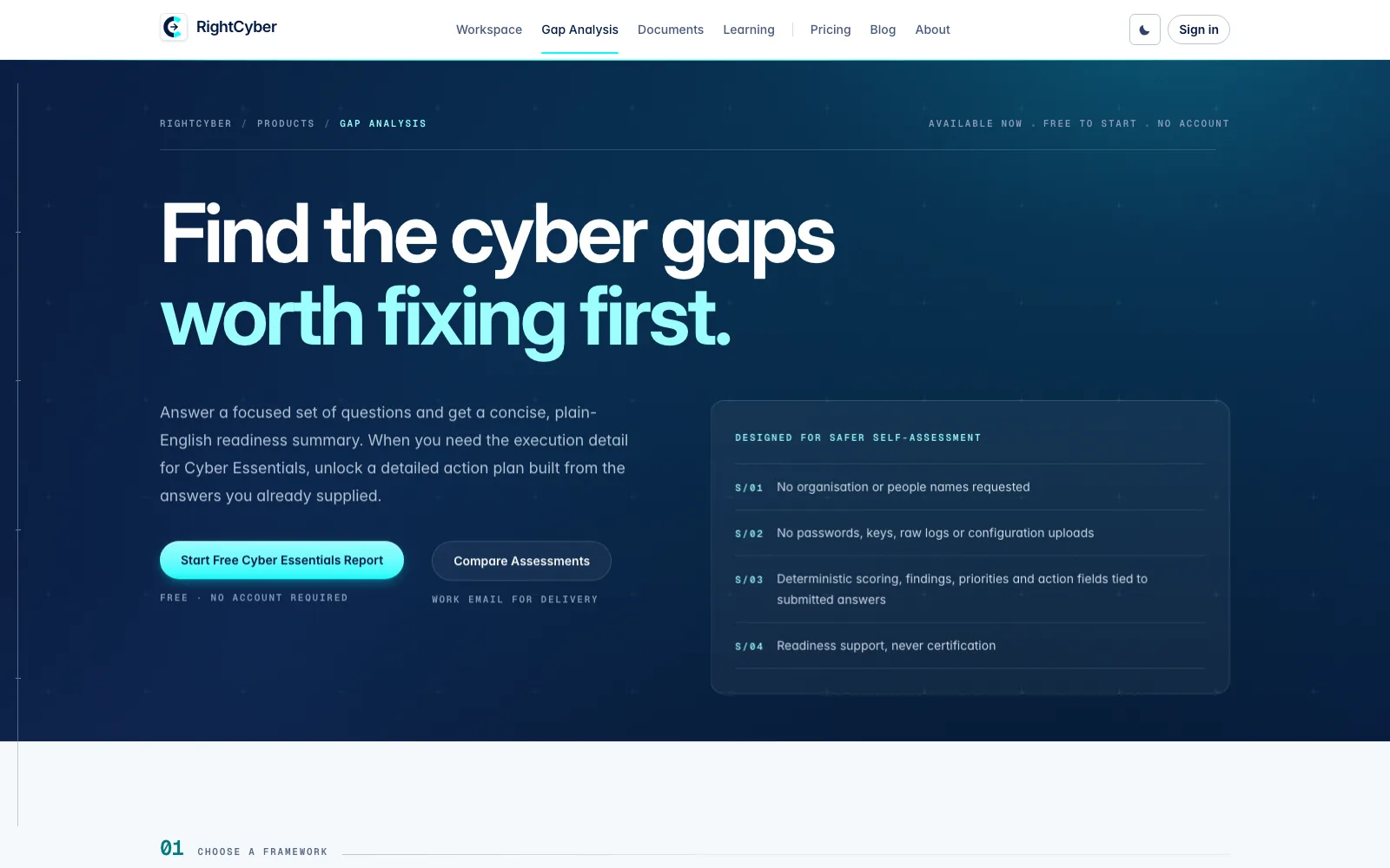 The RightCyber Analysis AI-assisted gap-analysis service shown in a desktop browser