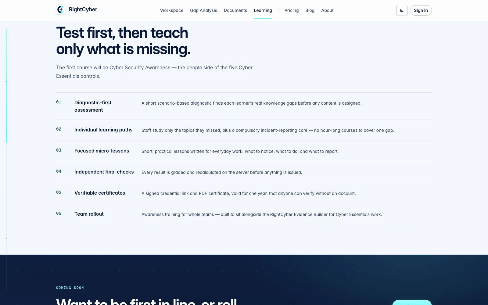 The RightCyber Learning public launch page describing its upcoming assessment, learning and certificate features