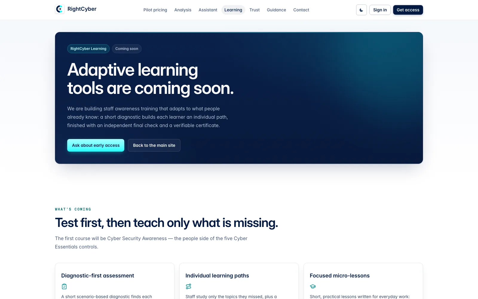The RightCyber Learning launch page presenting the adaptive learning platform