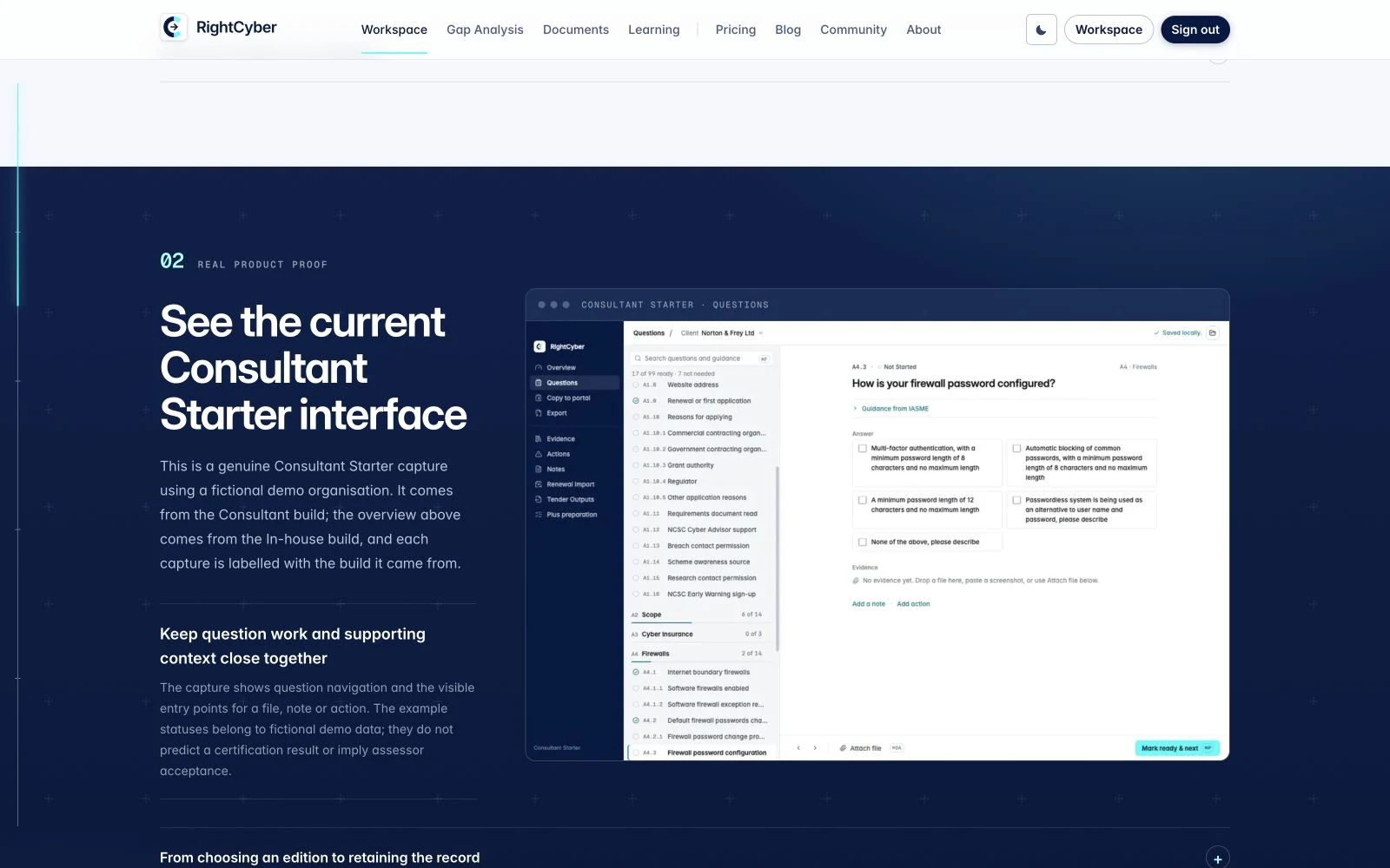 The RightCyber Workspace public product tour showing the Consultant Starter interface with demonstration data