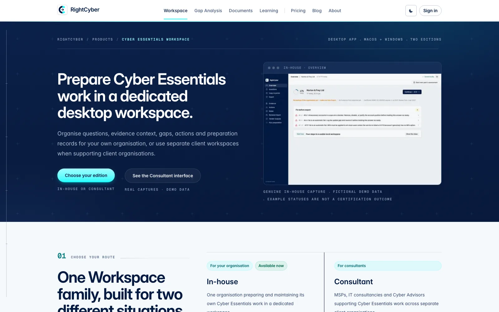 The RightCyber Workspace product page presenting the offline Cyber Essentials app