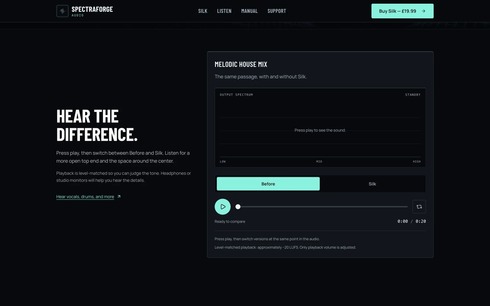 The SpectraForge Audio website’s interactive listening comparison for Silk