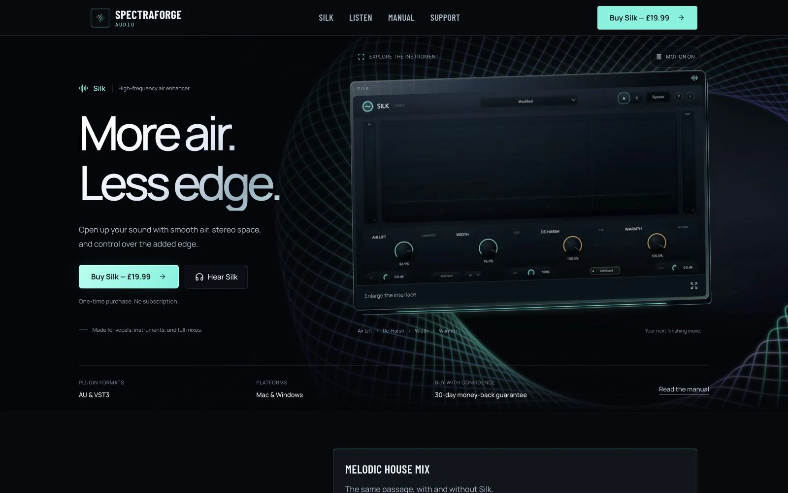The SpectraForge Audio website showing Silk’s product introduction, navigation and listening journey